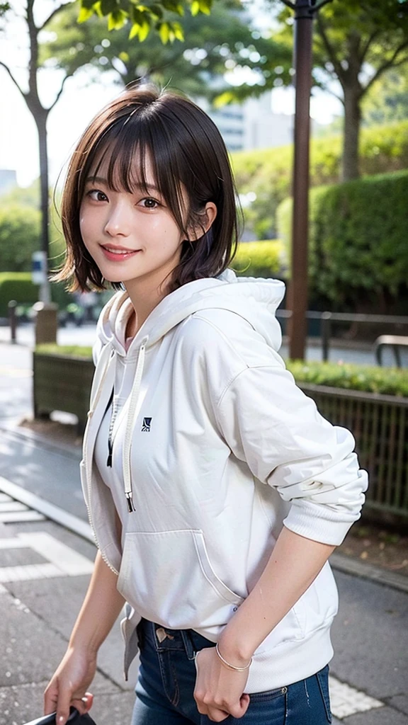 ((White hoodie))、((Sweat))、Roll up your sleeves、Skinny jeans, 1 beautiful girl, fine grain, Swollen eyes, Highest quality, Ultra High resolution, (reality: 1.4), Original photo, One Girl, Cinema Lighting, Japanese, Asian Beauty, Korean, so beautiful, Beautiful Skin, thin, Body facing forward, (Ultra-realistic), (High resolution), (8,000 yen), (Very detailed), (Best illustrations), (Beautiful and detailed), (Very detailed), Detailed face, Show Viewer, Look straight ahead, Dress appropriately, short hair, Black Hair, 46 point diagonal bangs,((smile))、Silver Necklace、Central Park Background