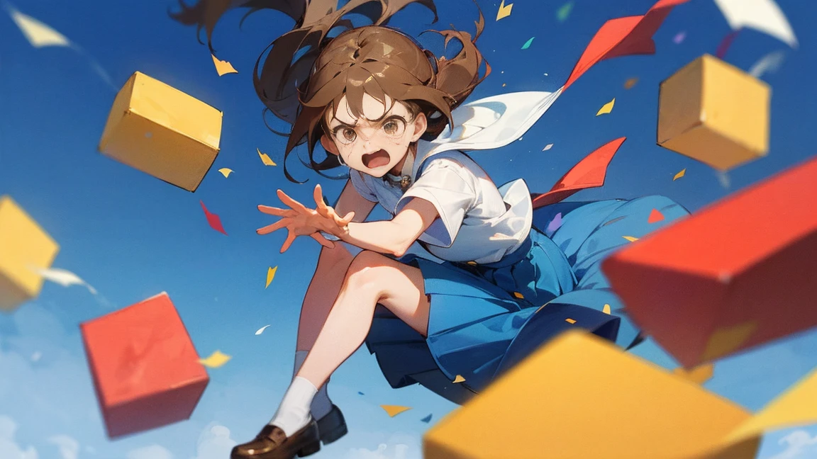((Highest quality)), ((masterpiece)), ((Very detailed)),Floatingする女の子,Angry expression,floating,Floating,Confetti,Brown Hair,tears,Levitating,Blue sky background,Feet in the air,tears,gravity,Long skirt,loafers,Raise both hands