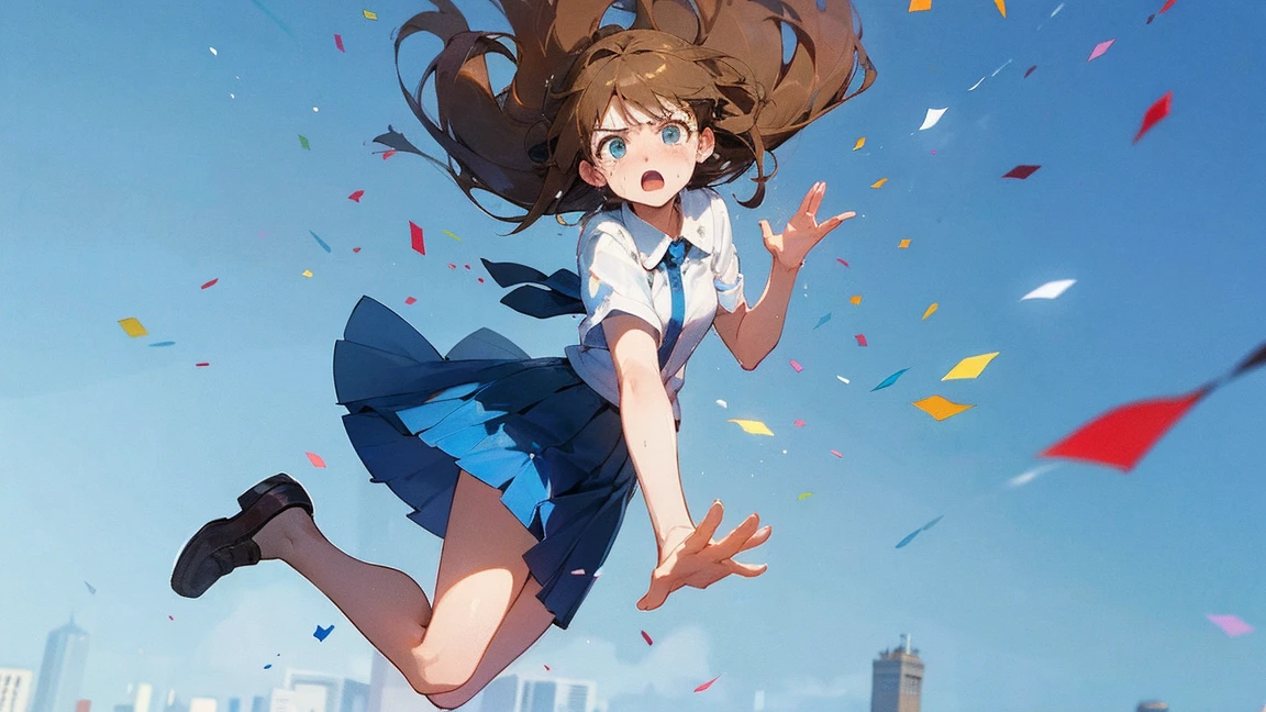 ((Highest quality)), ((masterpiece)), ((Very detailed)),Floatingする女の子,Angry expression,floating,Floating,Confetti,Brown Hair,tears,Levitating,Blue sky background,Feet in the air,tears,gravity,Long skirt,loafers,Raise both hands
