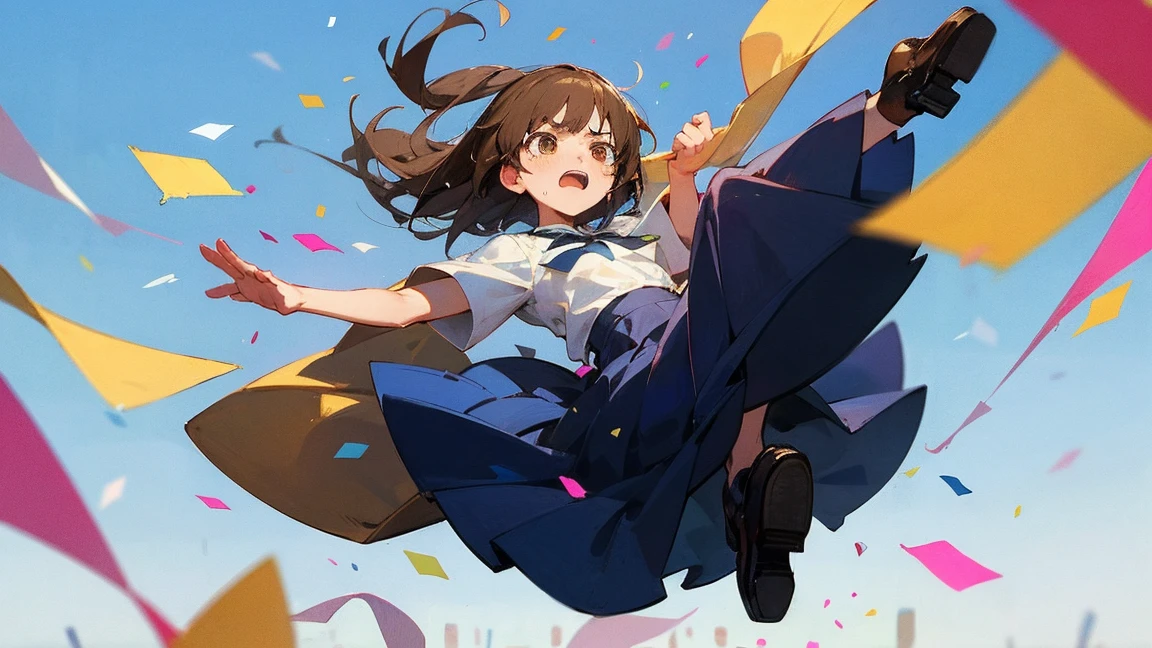 ((Highest quality)), ((masterpiece)), ((Very detailed)),Floatingする女の子,Angry expression,floating,Floating,Confetti,Brown Hair,tears,Levitating,Blue sky background,Feet in the air,tears,gravity,Long skirt,loafers,Raise both hands