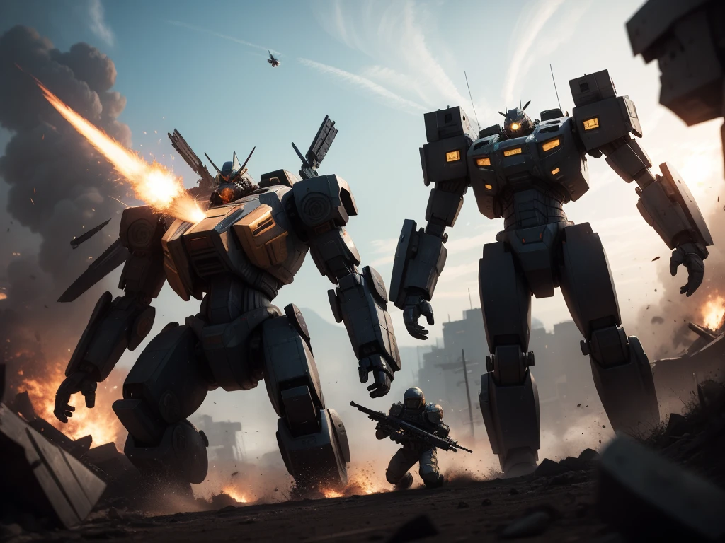 soldiers cheer on as a friendly mech takes down an enemy mech that has been slaughtering the good guys for hours. gritty military sci-fi, cinematic composition, dramatic depth of field, masterful rendering, hyper-detailed machinery, powerful explosions, heroic soldiers, awe-inspiring scale, stunning visual effects, high-octane combat, jaw-dropping spectacle