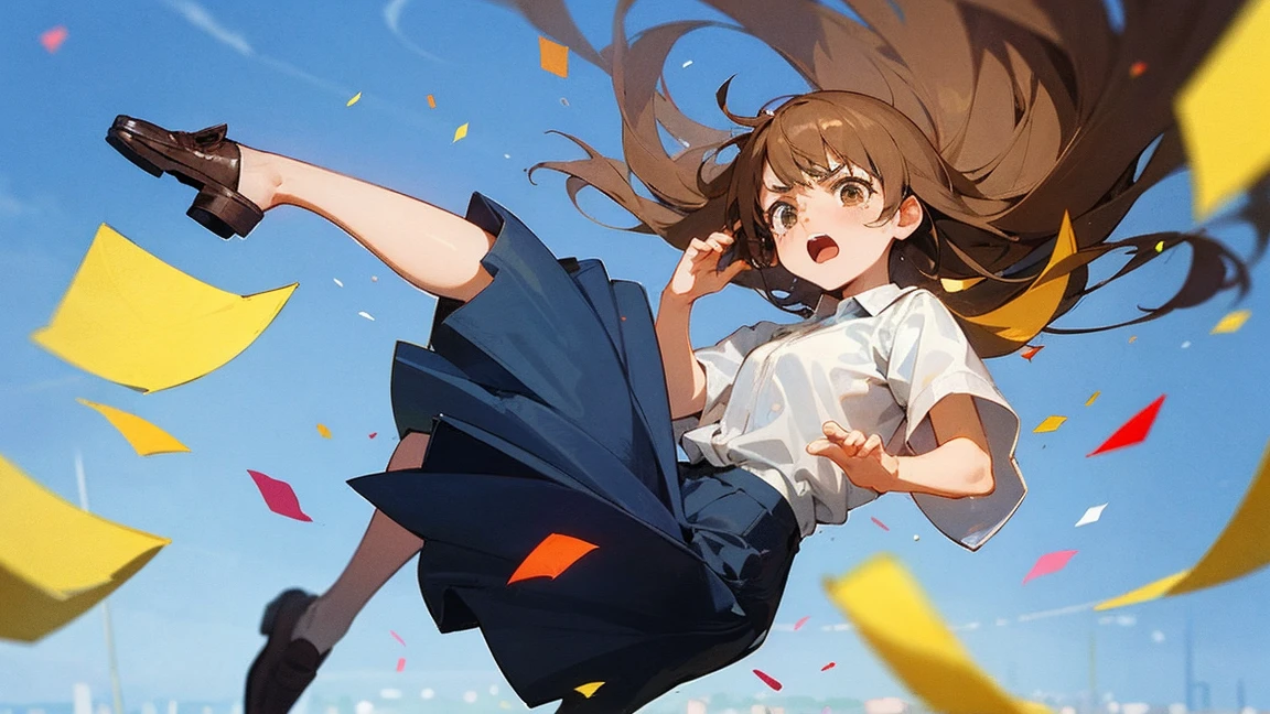 ((Highest quality)), ((masterpiece)), ((Very detailed)),Floatingする女の子,Angry expression,floating,Floating,Confetti,Brown Hair,tears,Levitating,Blue sky background,Feet in the air,tears,gravity,Long skirt,loafers,Raise both hands