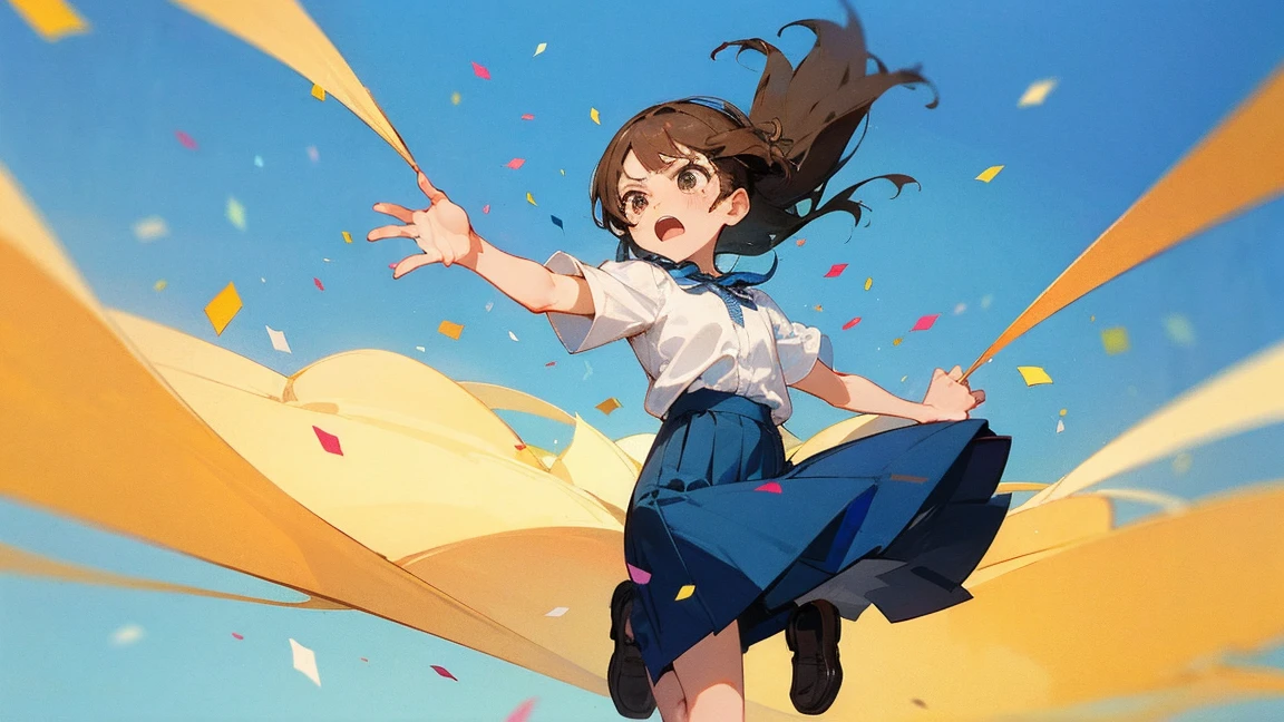 ((Highest quality)), ((masterpiece)), ((Very detailed)),Floatingする女の子,Angry expression,floating,Floating,Confetti,Brown Hair,tears,Levitating,Blue sky background,Feet in the air,tears,gravity,Long skirt,loafers,Raise both hands