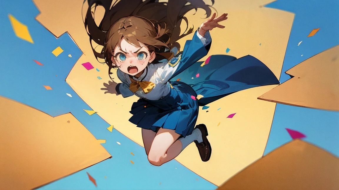 ((Highest quality)), ((masterpiece)), ((Very detailed)),Floatingする女の子,Angry expression,floating,Floating,Confetti,Brown Hair,tears,Levitating,Blue sky background,Feet in the air,tears,gravity,Long skirt,loafers,Raise both hands