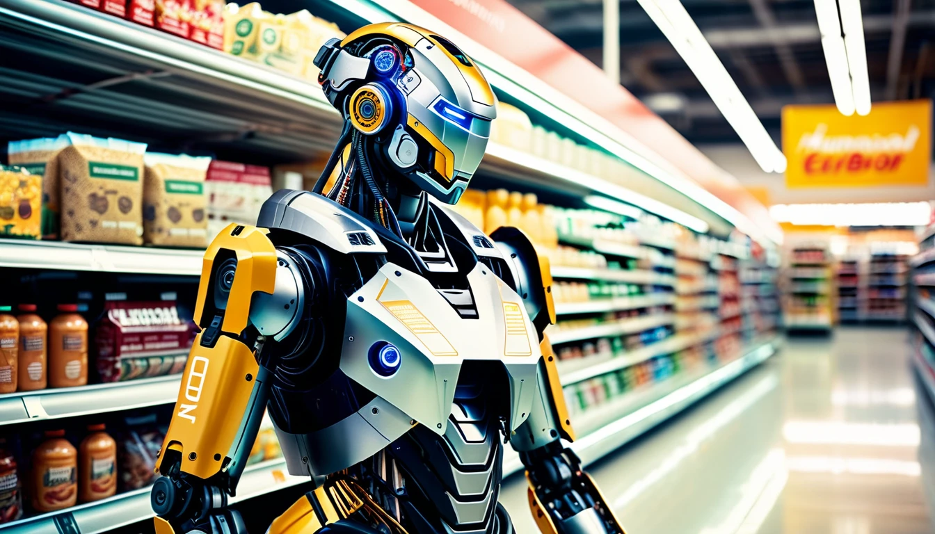 Full body shot, 3/4 side view of a humanoid cyborg robot who pushes a shopping cart full with products in a supermarket. The humanoid cyborg robot have armor and ((circuits and colored LEDs)) are embedded in. The cyborg armor made of different metallic materials, adorned in scratched and tarnished armor reminiscent of a bygone era. The armor is textured, distressed, vintage, edgy, dirty, intricate, tubes and cables. Photorealistic surface of the robot, high tech, cybertech, made of different materials. Natural lights, neutral colors, lomochrome, vintage color tones, dramatic, dynamic composition.Lifelike textures, sharp focus, depth of field, cinematic lighting, Contrast lighting, volumetric lighting, best shadows,Realism, Cinematic, Photoreal, 35mm film, Screengrab a Super Panavision film, in color. Best quality , hdr, uhd, 8k, analog camera shot.