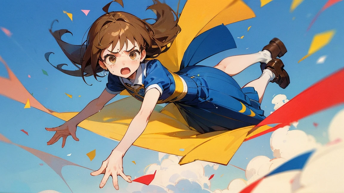 ((Highest quality)), ((masterpiece)), ((Very detailed)),Floatingする女の子,Angry expression,floating,Floating,Confetti,Brown Hair,tears,Levitating,Blue sky background,Feet in the air,tears,gravity,Long skirt,loafers,Raise both hands