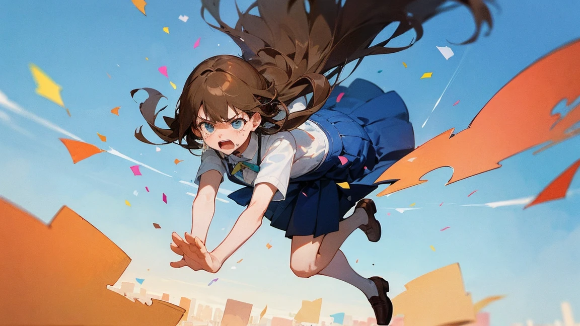 ((Highest quality)), ((masterpiece)), ((Very detailed)),Floatingする女の子,Angry expression，floating，Floating，Confetti，Brown Hair,tears,Levitating,Blue sky background,Feet in the air,tears,gravity,Long skirt,loafers,Raise both hands