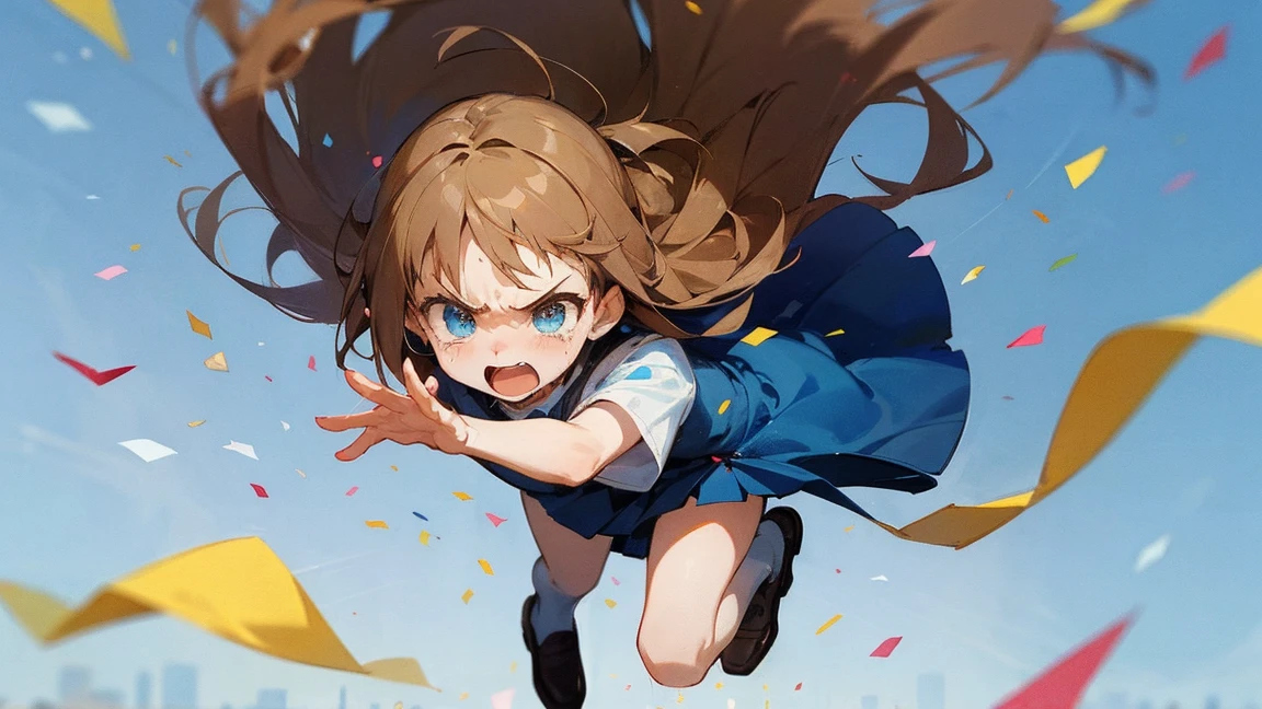 ((Highest quality)), ((masterpiece)), ((Very detailed)),Floatingする女の子,Angry expression，floating，Floating，Confetti，Brown Hair,tears,Levitating,Blue sky background,Feet in the air,tears,gravity,Long skirt,loafers,Raise both hands