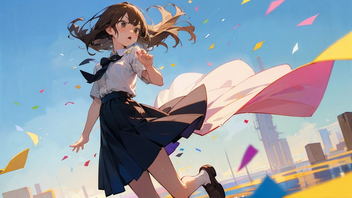 ((Highest quality)), ((masterpiece)), ((Very detailed)),Floatingする女の子,Angry expression,floating,Floating,Confetti,Brown Hair,tears,Levitating,Blue sky background,Feet in the air,tears,gravity,Long skirt,loafers,Raise both hands