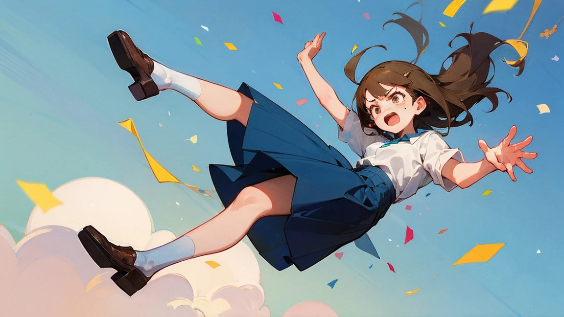 ((Highest quality)), ((masterpiece)), ((Very detailed)),Floatingする女の子,Angry expression,floating,Floating,Confetti,Brown Hair,tears,Levitating,Blue sky background,Feet in the air,tears,gravity,Long skirt,loafers,Raise both hands