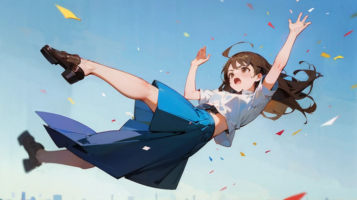 ((Highest quality)), ((masterpiece)), ((Very detailed)),Floatingする女の子,Angry expression,floating,Floating,Confetti,Brown Hair,tears,Levitating,Blue sky background,Feet in the air,tears,gravity,Long skirt,loafers,Raise both hands
