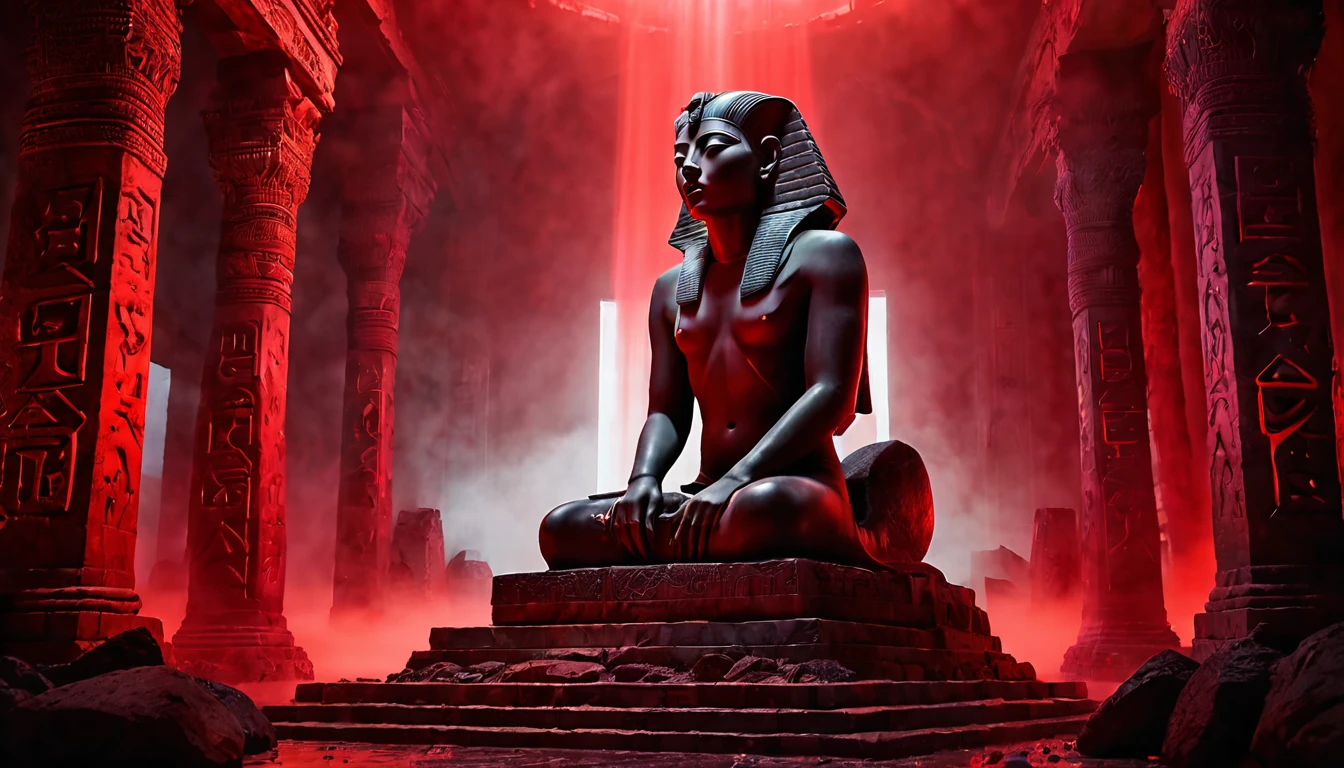 dark city, altars, giant sphinxes of gods, (best quality, realistic, ethereal: 1.2), ancient ruins and mysterious runes, artistic representation, shades of black and red, (red fog around), studio lighting, full length, in the background, cinematic, ultra detailed, visually rich, dark concept art, noir, intricate details, extremely detailed, ultra sharp focus, attention to detail, grandeur and awe, stunning visual masterpiece, double exposure, 32k, photorealistic, strong outline, cinematic scene, top quality