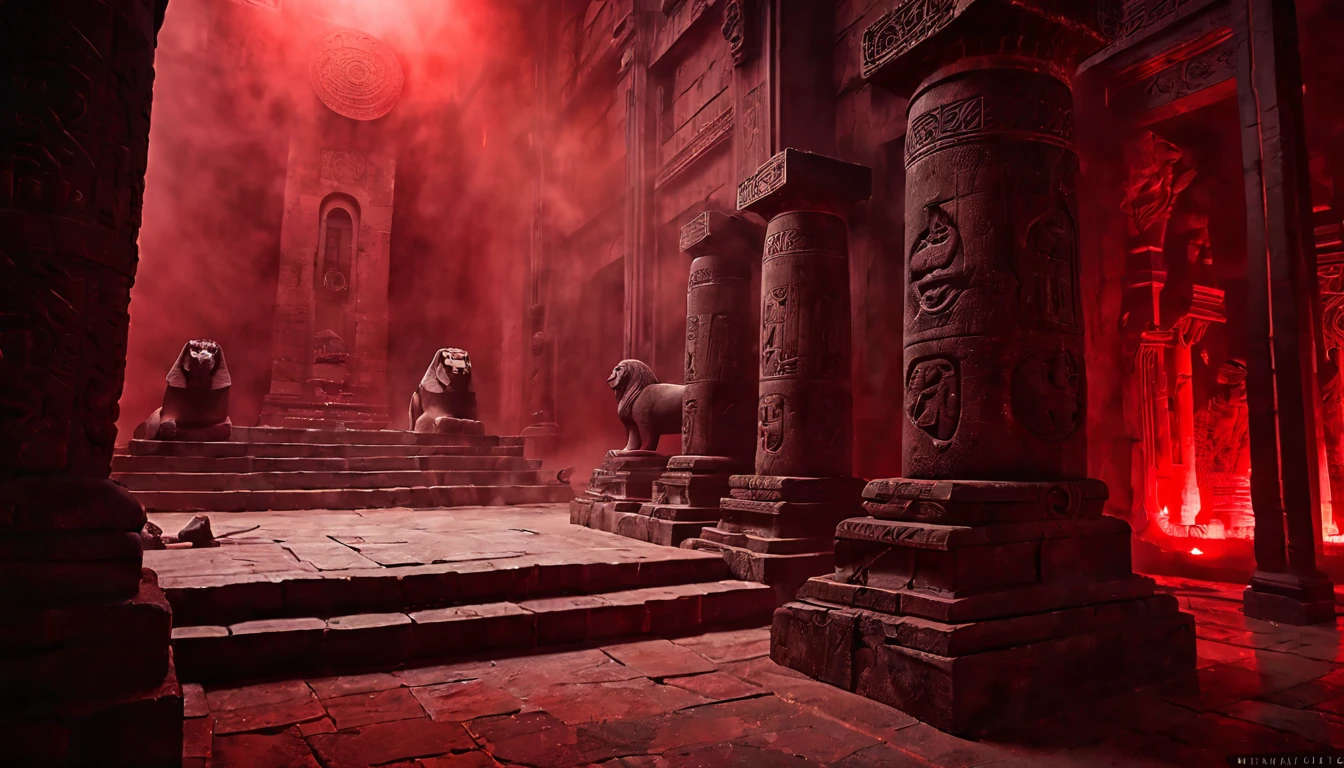 dark city, altars, giant sphinxes of gods, (best quality, realistic, ethereal: 1.2), ancient ruins and mysterious runes, artistic representation, shades of black and red, (red fog around), studio lighting, full length, in the background, cinematic, ultra detailed, visually rich, dark concept art, noir, intricate details, extremely detailed, ultra sharp focus, attention to detail, grandeur and awe, stunning visual masterpiece, double exposure, 32k, photorealistic, strong outline, cinematic scene, top quality