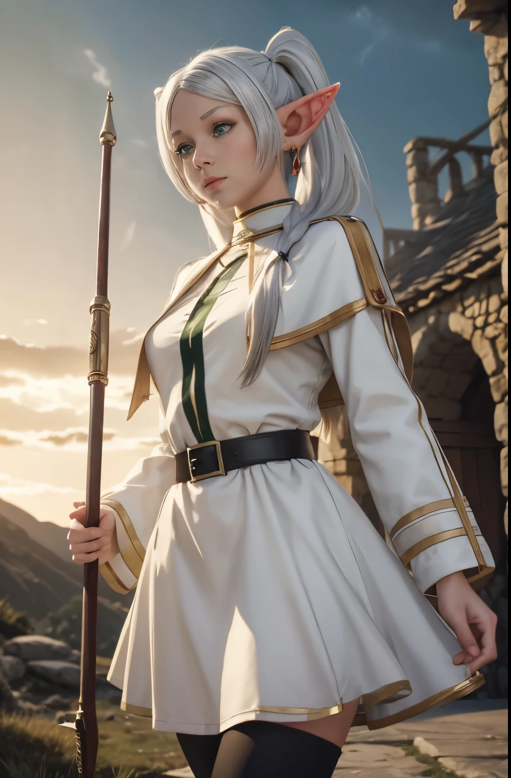 8K, high quality, high resolution, realistic, high detail, cinematic lightning,
FrierenBase, a beautiful 1girl, small breasts, elf, pointy ears, white hair, ((long twintails)), green eyes, long staff,
white capelet, striped shirt, white skirt, long sleeves, belt, black pantyhose, white cape, medieval village, Forrest, Attractive pose