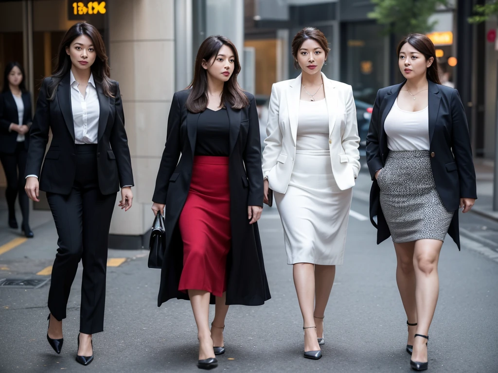 Two full-body images of women in their 30s can be seen. You can see from head to toe, and they are both Asian women and are wearing suits to go out. One woman is wearing a jacket and skirt with a slim body, while the other is wearing a jacket and skirt with a fat belly. Both are standing. Images like realistic photographs.