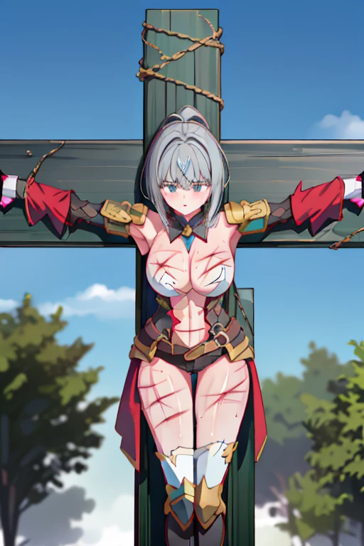 1girl,18yo,good anatomy, masterpiece, best quality,realistic, hyperrealistic, 16k hdr,(metal collar,cleavage,damaged body,sweat,beautiful face,mature female,muscular paladin,torn costume,arm guard,leg guard,shoulder armor,chained body:1.2),(red blush,angry:1.2),(whip marks on body and legs:1.7),fantasy world,outdoor,village,blue sky,(surrounded many Heinous estrus goblins,holding whip:1.3),(scary decorated old wooden cross:1.3),(crucifixion,spread_arms,bind arm:1.5),