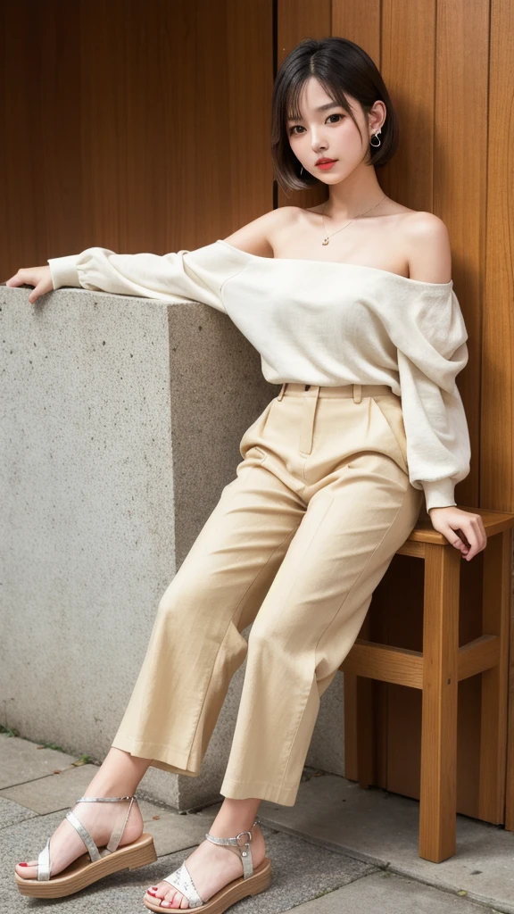 (8K, Realistic, RAW Photos, Highest quality: 1.4, detailed),Japanese idol-style beautiful girl,model,1 person,18-year-old,(Short Bob),(Silver Hair :1.1),She has her hair tucked behind her ears,Large, clear grey eyes,Long eyelashes,(piercings(small)),(Lip gloss),lips(Plump,glossy),thin long neck,Thin and delicate shoulders,Off-the-shoulder tops(Linen fabric,beige color),Short jacket,High-waisted wide-leg pants(Linen fabric,beige color,Long length(Ankles are hidden :1.1)),Sandals on bare feet,studio,Front view,Full body portrait
