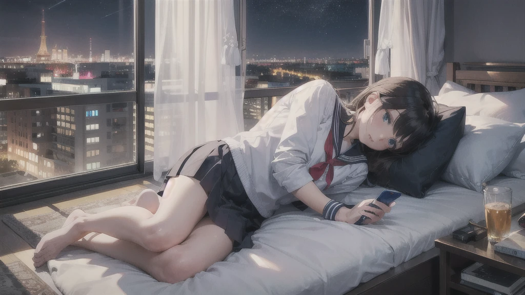 Highest quality(8k)masterpiece、Time: Night(2.0)He is lying on the bed by the window and talking on his cell phone.(2.0)Clothing is high school uniform/Sailor suit(1.8)The night view can be seen from the window(2.0)、A room in a high-rise apartment with very large windows(2.0)It's dim in the room.(2.0)、One girl、Very cute、Best Style、Hairstyle(流行りのHairstyle色々(1.8))The room is a high school girl's room(1.8)、There are no curtains、17age、Firm and refreshing々Fresh skin。Plump legs、eye(Super detailed 1.8)Legs are straight(1.8)、