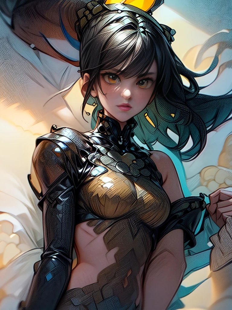(Artwork of exceptional craftsmanship),(Detailed illustrations,(Art based on a very ideal anatomy),Very detailed and detailed drawing,Delicate lines with slow and rapid,(Realistic texture expression)),[Color tressed main line],[Shinjuku background at night],(HENTAI ANIME) (Japanese NINJA Girl (Beauty) 15yo student)  and muscular [Slim & fit body], long blue hair,([hornet] Orange Ninja Battle Armor) scarf [stall] ((Fitting rubber inner) [honeycomb] [edg]) hair adornments (Dull metallic luster:0.8),gravure [KUNOICHI],(Perfectly proportioned),(Fine and beautiful skin expression [realistic skin detail]),(Design built to the highest level,[Advanced structural understanding of materials],Ideal color coordination),(Intricate and beautiful decoration (Dense detail)),(More on shiny hair),[Perfect hand details],(Beautiful perfect face [Realistic face details]),[Clear gaze],[long and beautiful eyelashes], yellow eyes, yellow irises, [Perfect eye details (Eyes beautifully drawn down to the smallest detail)],(detaileds,high-detail),((Precision Detail),[multi-layer texture],HighQuality,hight resolution),[(Accurate simulation of light-material interactions),Understanding Airflow,Mechanically correct representation],[Visual art that conveys a sense of narrative] [Full body like], thigh gap,[[Desaturation]].