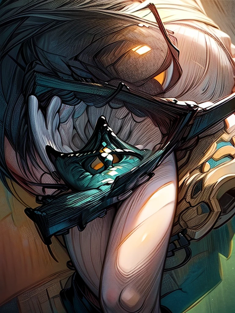 (Artwork of exceptional craftsmanship),(Detailed illustrations,(Art based on a very ideal anatomy),Very detailed and detailed drawing,Delicate lines with slow and rapid,(Realistic texture expression)),[Color tressed main line],[Shinjuku background at night],(HENTAI ANIME) (Japanese NINJA Girl (Beauty) 15yo student)  and muscular [Slim & fit body], long blue hair,([hornet] Orange Ninja Battle Armor) scarf [stall] ((Fitting rubber inner) [honeycomb] [edg]) hair adornments (Dull metallic luster:0.8),gravure [KUNOICHI],(Perfectly proportioned),(Fine and beautiful skin expression [realistic skin detail]),(Design built to the highest level,[Advanced structural understanding of materials],Ideal color coordination),(Intricate and beautiful decoration (Dense detail)),(More on shiny hair),[Perfect hand details],(Beautiful perfect face [Realistic face details]),[Clear gaze],[long and beautiful eyelashes], yellow eyes, yellow irises, [Perfect eye details (Eyes beautifully drawn down to the smallest detail)],(detaileds,high-detail),((Precision Detail),[multi-layer texture],HighQuality,hight resolution),[(Accurate simulation of light-material interactions),Understanding Airflow,Mechanically correct representation],[Visual art that conveys a sense of narrative] [Full body like], thigh gap,[[Desaturation]].
