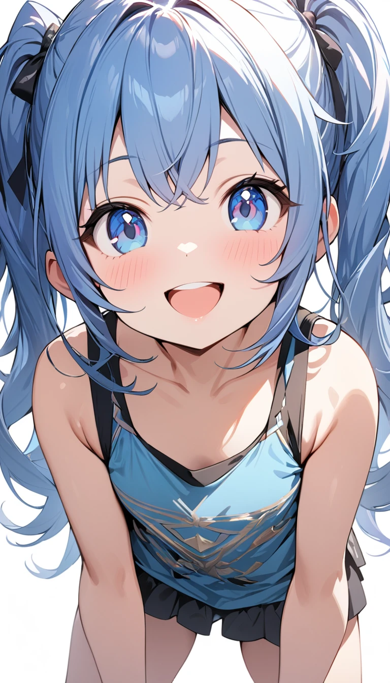 whole body, (female): 1girl, (solo), (perfect face), (detailed outfit), (), beautiful female, smile (happy), blue hair, long hair, twintails hair, blue eyes, (tank top,), (white background), (masterpiece:1.4), (best quality), (ultra-detailed) (sharp focus),