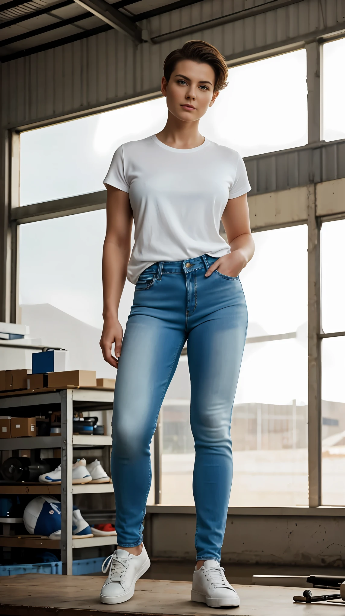 full body, Realistic, Photography, Woman, 28 years, short haired, masculine face, stocky muscular body, White shirt, long blue jeans, and sneakers, standing in the workshop, facing the camera, stand up straight, masculine pose, calm expression, detailed face, detailed background, bright light, sunlight