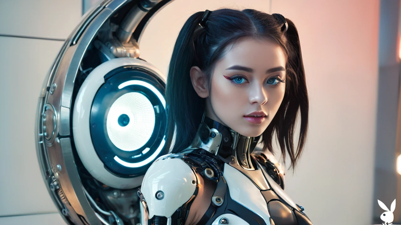 "A futuristic female cyborg with a beautiful, friendly face, designed for a lo-fi music YouTube channel background. She has long hair, large eyes, a high nose, and a wide mouth. Her body features visible mechanical elements, with sleek metal parts and glowing accents. Her proportions are perfect, highlighting her advanced design. She is engaging in various gestures, exuding warmth and relatability. The background is a futuristic setting that complements her advanced technology. The overall atmosphere is calm and inviting, ideal for a lo-fi music channel."
