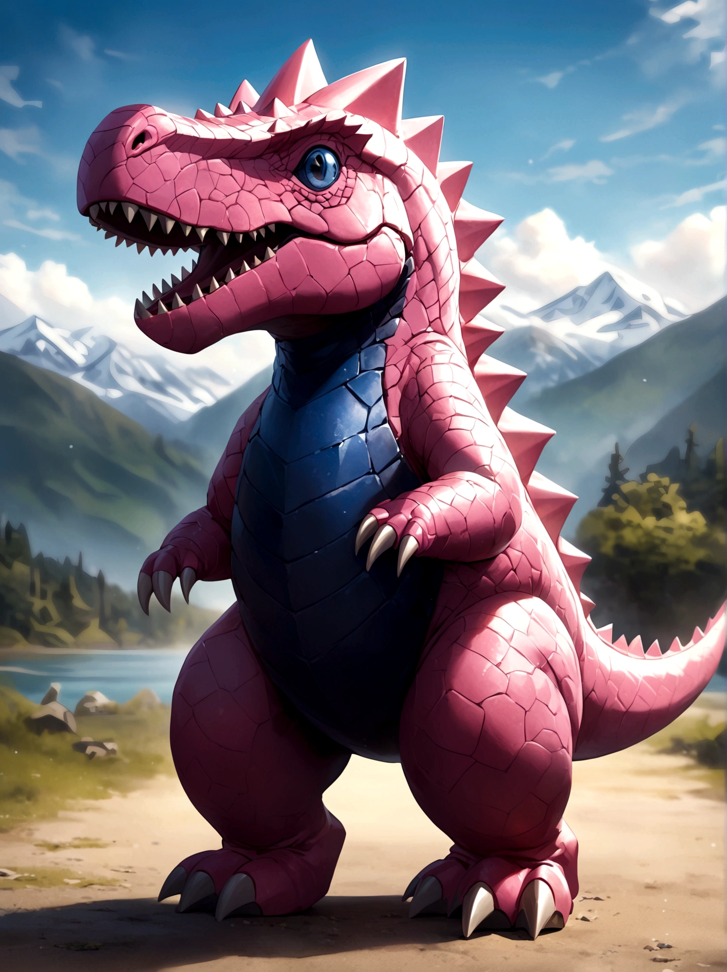 solo, full body, outdoors, blurry, no humans,Pink dinosaur,