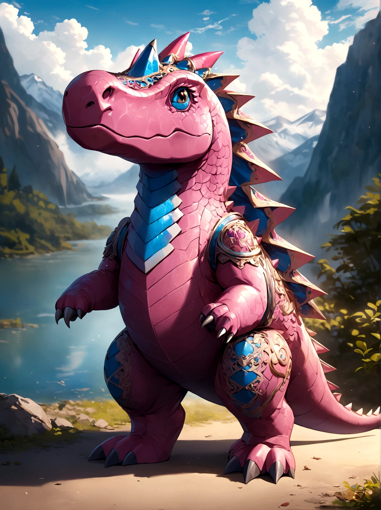 solo, full body, outdoors, blurry, no humans,Pink dinosaur,