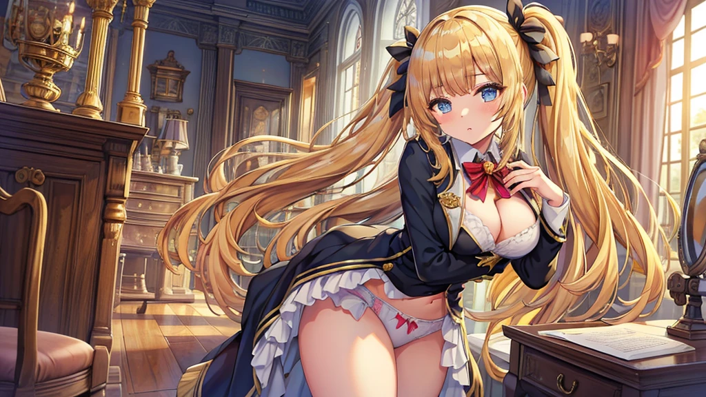 Masterpiece、Highest quality、Super detailed、1 girl、Blonde、Twin tails、Fluffy and soft long hair、Big Tits、Cleavage、School、uniform、String Panties