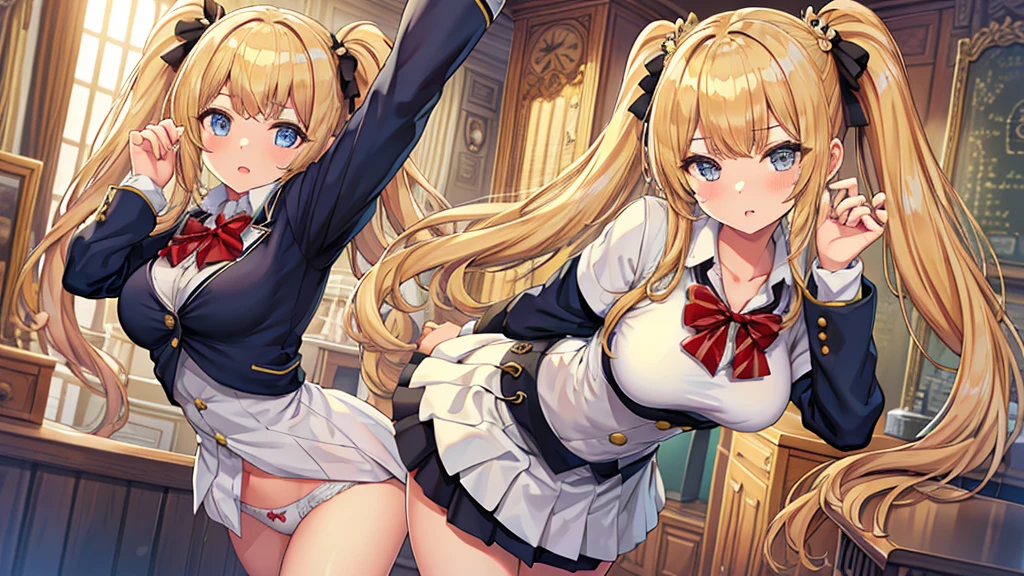 Masterpiece、Highest quality、Super detailed、1 girl、Blonde、Twin tails、Fluffy and soft long hair、Big Tits、Cleavage、School、uniform、String Panties