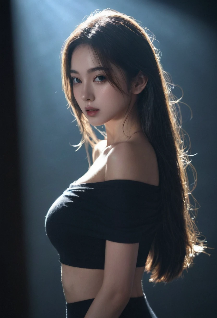 best quality, masterpiece, Ultra-high resolution, (Realistic:1.5), original photo, 1 girl, Off-shoulder, in the darkness, Deep shadows, Low profile, Cold Light, ???? look, long hair,Mix Girl,Yinglaite, Half-length photo,????