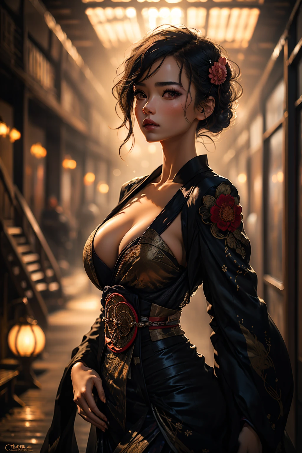 a beautiful japanese woman wearing an ornate kimono with intricate embroidery, extremely large breasts, dark lighting, cinematic, artistic composition, looking at viewer, masterpiece, ultra-detailed, 8k, photorealistic, chiaroscuro lighting, elegant, refined, graceful, serene, mystical, atmospheric