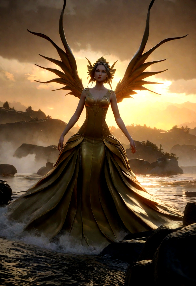 (Anthropomorphic mermaids with many tails.:1.37), Fox, ((Layered long hair)), ((Beautiful face)), (Perfect thin white handles for two hands.:1.25), (The golden dress resembles a mermaid tail.:1.6), magic, mysterious, Epic Scenes, Scene, Rembrandt in a stormy sky, fog, sunset, dramatic lighting, world, Количество worldа, рассеянный world, wide angles, illusory engine, detailed, 3D rendering, fight scenes, photography unreal engine, octanerrender,