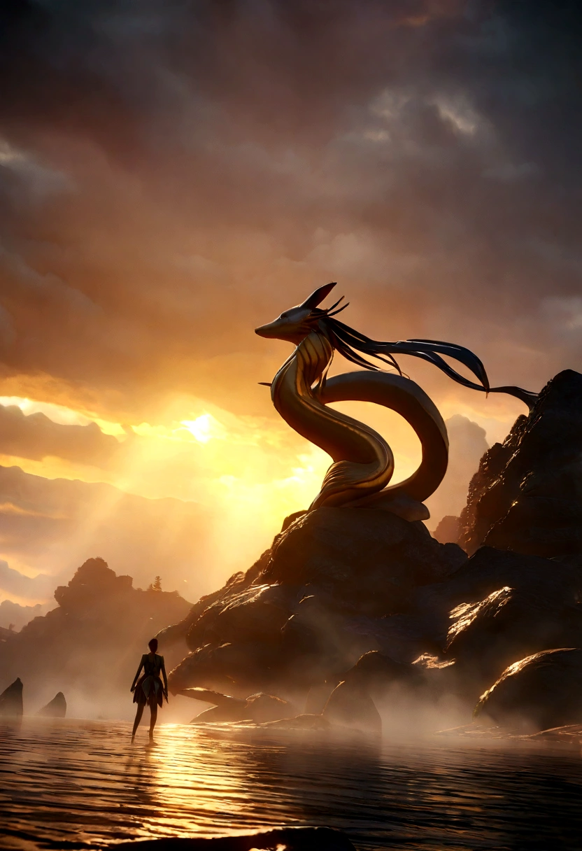 (Anthropomorphic mermaids with many tails.:1.37), Fox, ((Layered long hair)), ((Beautiful face)), (Perfect thin white handles for two hands.:1.25), (The golden dress resembles a mermaid tail.:1.6), magic, mysterious, Epic Scenes, Scene, Rembrandt in a stormy sky, fog, sunset, dramatic lighting, world, Количество worldа, рассеянный world, wide angles, illusory engine, detailed, 3D rendering, fight scenes, photography unreal engine, octanerrender,