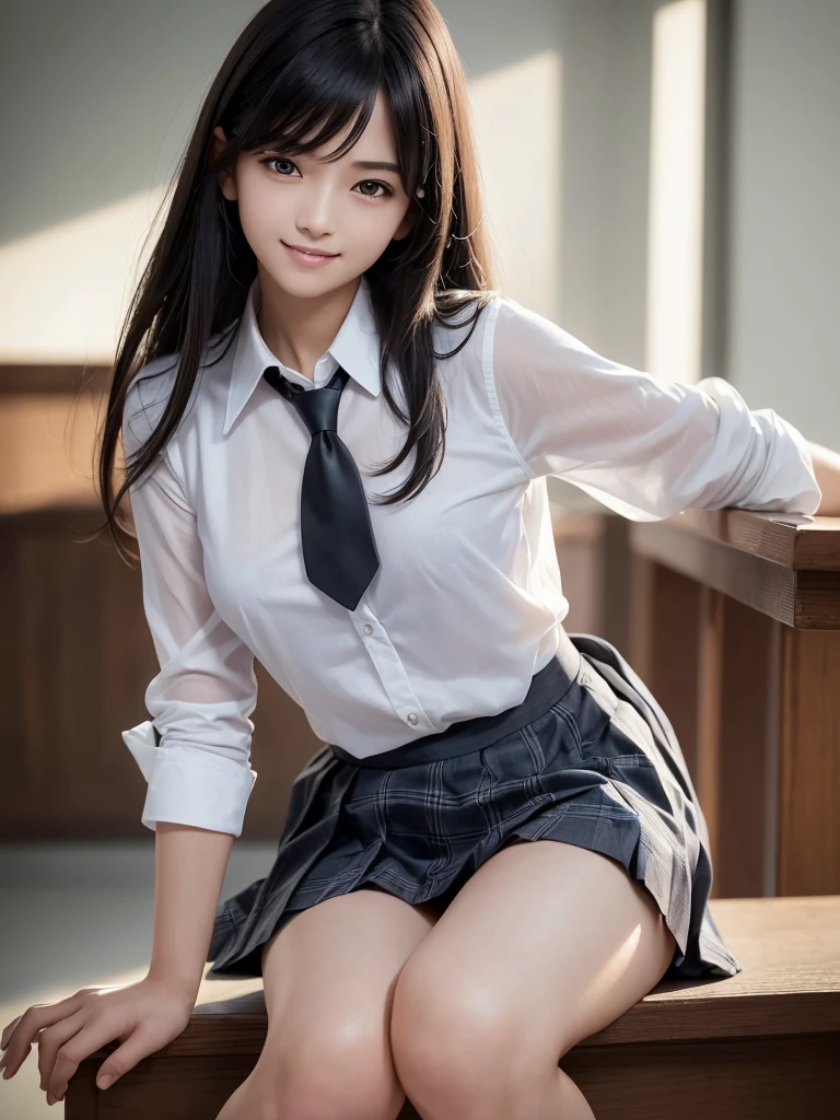 8K, Highest quality, The real picture, Intricate details, Very detailed, Ultra-high resolution, Depth Field,(Realistic,Realistic:1.2),Tabletop , ((Full Body Shot)) , ((Long, slender legs)), 1 girl, eye_Chan, Very beautiful 17 year old girl, innocent big eyes,、Beautiful breasts:1.5、非常に詳細なeye:1.2)、(Beautiful breasts:1.1)、((Black Hair))、(Long Bob Hair), Asymmetrical bangs, Perfect Skin, Fair skin, Small breasts, Tight waist, alone, Staring at the audience, (smile)、((School_uniform), (White shirt、Wear a tie), (Blue checkered pleated micro mini skirt), ((Fold your arms in front of your chest and act arrogantly)), ((楽しそうなsmile)), ((Perfect hand shape))
