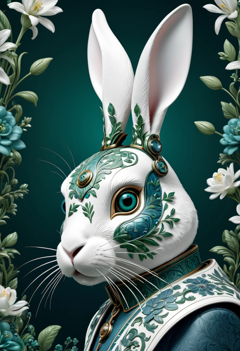 Mechanical rabbit，photorealestic，anthropomorphic rabbit，Role setting，Ultra-detailed graphics，Delicate face，8K，MagazineCover，Floral background decoration，intense color contrast，The color is dark，Blue-green-white tones