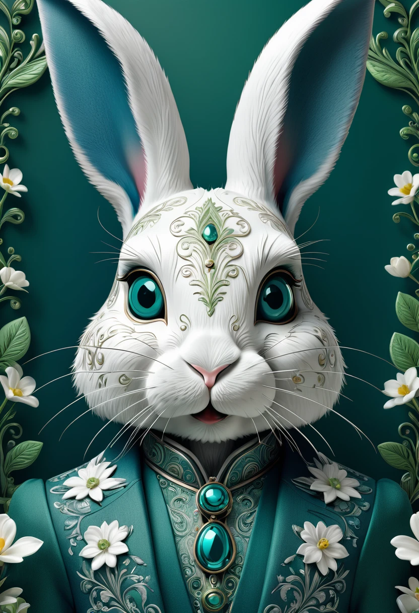Mechanical rabbit,photorealestic,anthropomorphic rabbit,Role setting,Ultra-detailed graphics,Delicate face,8K,MagazineCover,Floral background decoration,intense color contrast,The color is dark,Blue-green-white tones
