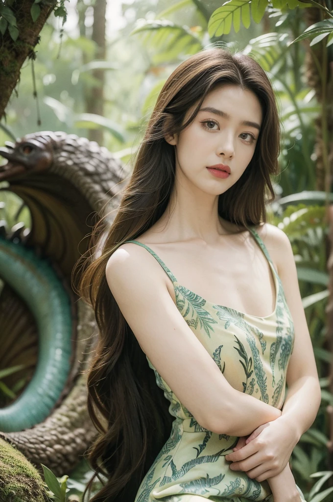 (((best quality))),(((ultra detailed))),(((masterpiece))),illustration,1girl,solo,enchanting beauty, elegance, confidence,shoulder length straight hair,slim,thin,flat chest,small breasts,standing,vibrant red lipstick, sleek forest green dress, above knees, s intricate floral patterns, stylish boots, calf-high, adventure, lush prehistoric forest, Jurassic Park, (vibrant pink dinosaur:1.2), pastel scales, tall proud, long neck, massive rounded body, majestic presence, powerful legs, gentle intelligent eyes, unforgettable bond, towering ferns, lush undergrowth, captivating backdrop, vines, towering trees, delicate flowers, sweet scent, gentle rustling, soft melodic breeze, mystical, adventure, wonder, extraordinary encounter, timeless journey, etched in time, extraordinary encounters, unknown,((from front,upper body))
