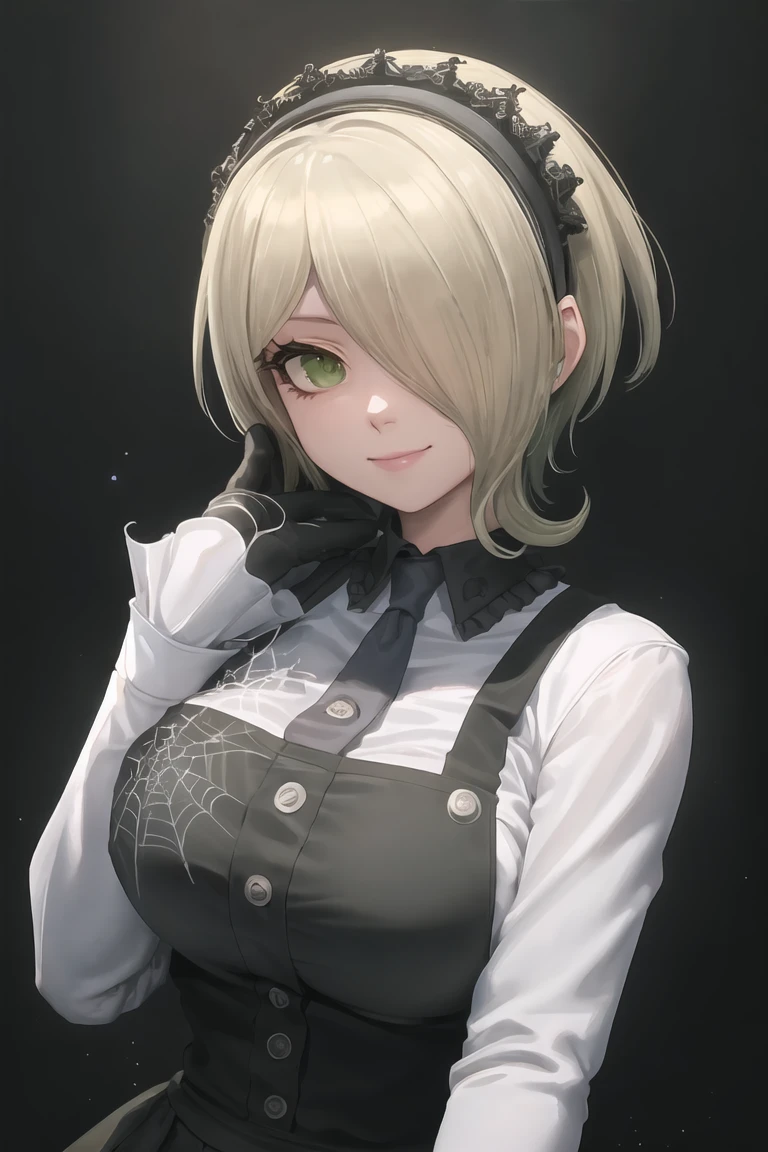 (highly detailed:1.3), tkirumi, looking at viewer, smile, large breasts, long sleeves, white shirt, green hair, black gloves, hair over one eye, black dress, maid headdress, pinafore dress, hand on own head, spider web print, Ultra-detail,(highres:1.1),best quality,(masterpiece:1.3), cinematic lighting, big breasts
