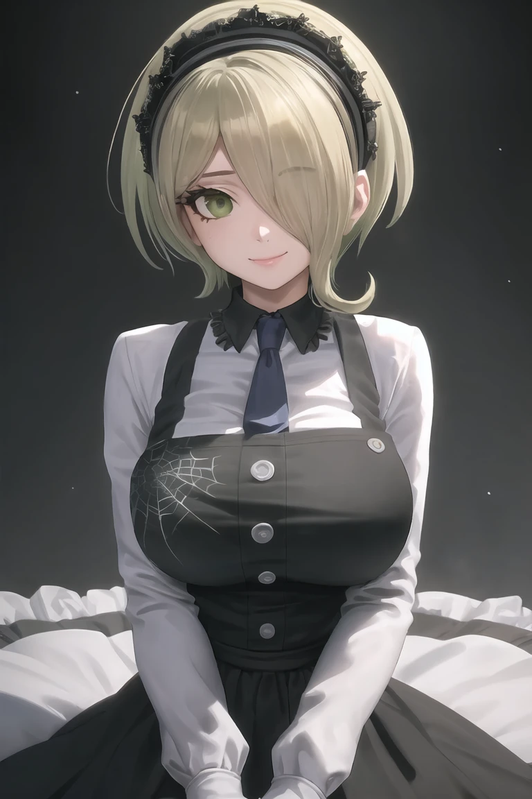 (highly detailed:1.3), tkirumi, looking at viewer, smile, large breasts, long sleeves, white shirt, green hair, black gloves, hair over one eye, black dress, maid headdress, pinafore dress, hand on own head, spider web print, Ultra-detail,(highres:1.1),best quality,(masterpiece:1.3), cinematic lighting, big breasts
