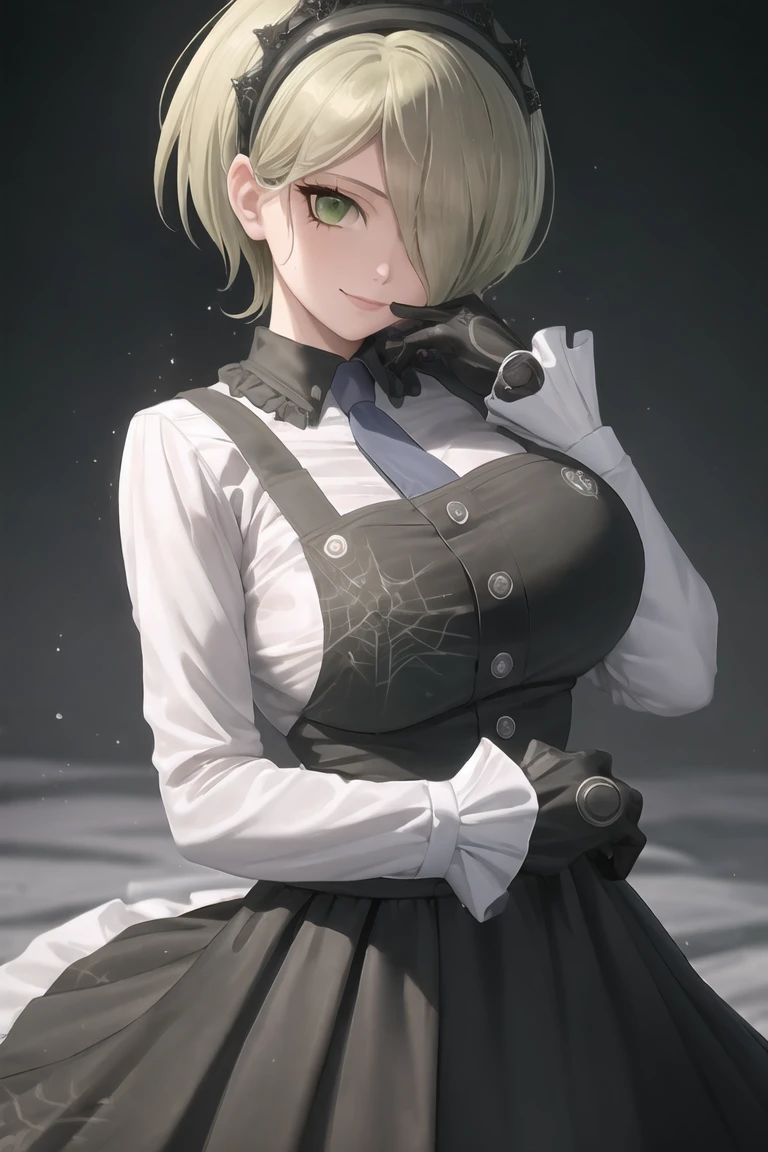 (highly detailed:1.3), tkirumi, looking at viewer, smile, large breasts, long sleeves, white shirt, green hair, black gloves, hair over one eye, black dress, maid headdress, pinafore dress, hand on own head, spider web print, Ultra-detail,(highres:1.1),best quality,(masterpiece:1.3), cinematic lighting, big breasts
