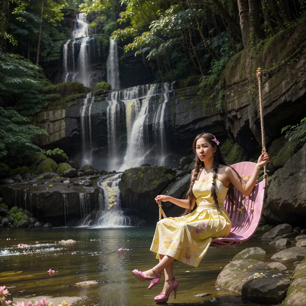 hyper-realistic Beautiful indonesian woman with long braided hair, wearing a yellow, blue, pink Thai dress with a flowing skirt with flower petals, wearing white high heels, sitting on a swing shrug against the background of a waterfall and pink trees.