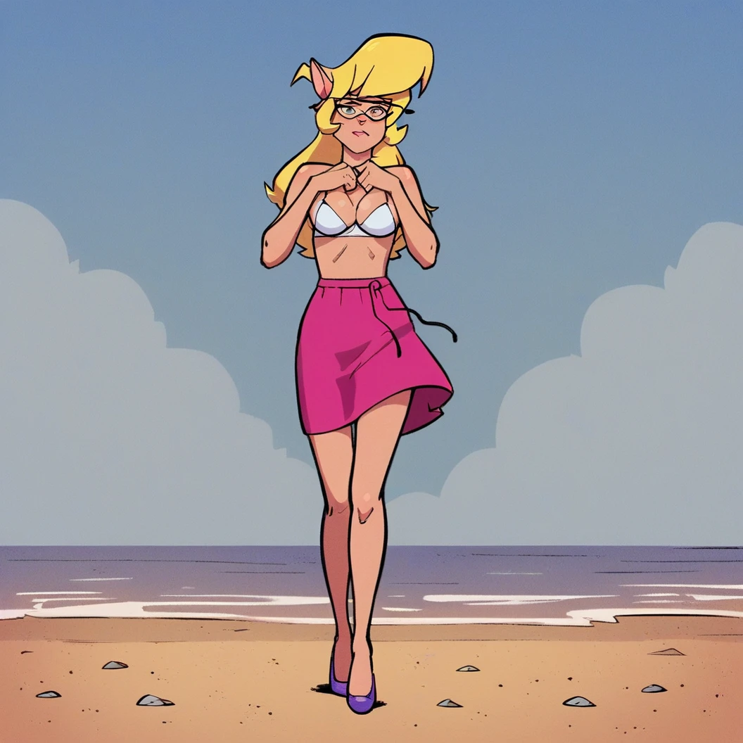 score_9, score_8_up, score_7_up, score_6_up, score_5_up, score_4_up, (Source furry), (rating nsfw), 1girl solo, outdoors, beachfront, looking at viewer, glasses, callie briggs, detailed, front view, standing, full view, legs, purple heels, thicc, grass hula skirt, short hula skirt, beach, blonde hair, wardrobe malfunction, , white bra, hands covering vaginamed,