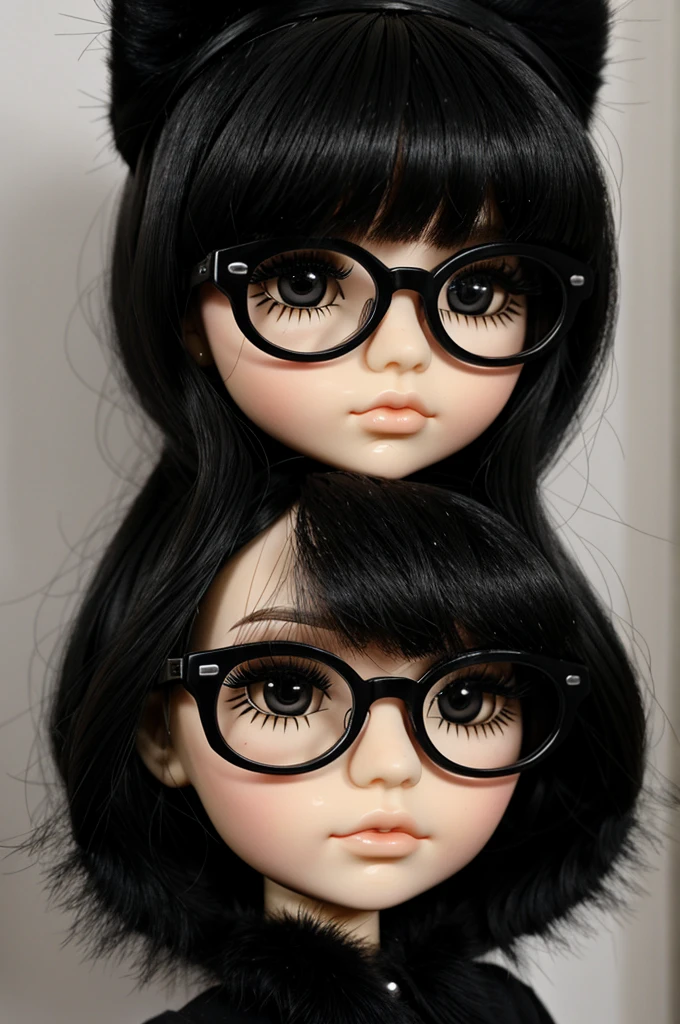 Blythe doll with big eyelashes, dark eyes, black fur, glasses, a little dark