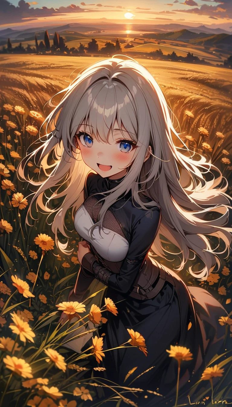 (By Lynn Okamoto),Center Frame, Sharp focus, (Panorama, Wide-angle lens), Highest quality, masterpiece, Very detailed, Detailed Background, (From above:1.2), 1 Girl, Catwoman,alone,,blue eyes,Gray Hair, Close one eye, smile, Open your mouth, skirt, Long Hair, curl, Digression, Fluffy hair, , French , blush, smile, capulet, race, corset, sunset, long skirt, evening, Wind景, golden sky, high prace, horizon, Wheat field, ears of wheat, Wind, Wind blow, Looking at the audience, (Depth of written boundary), Bokeh, (keep a flower:1.3), (keep:1.2),(Moderate):0.5,