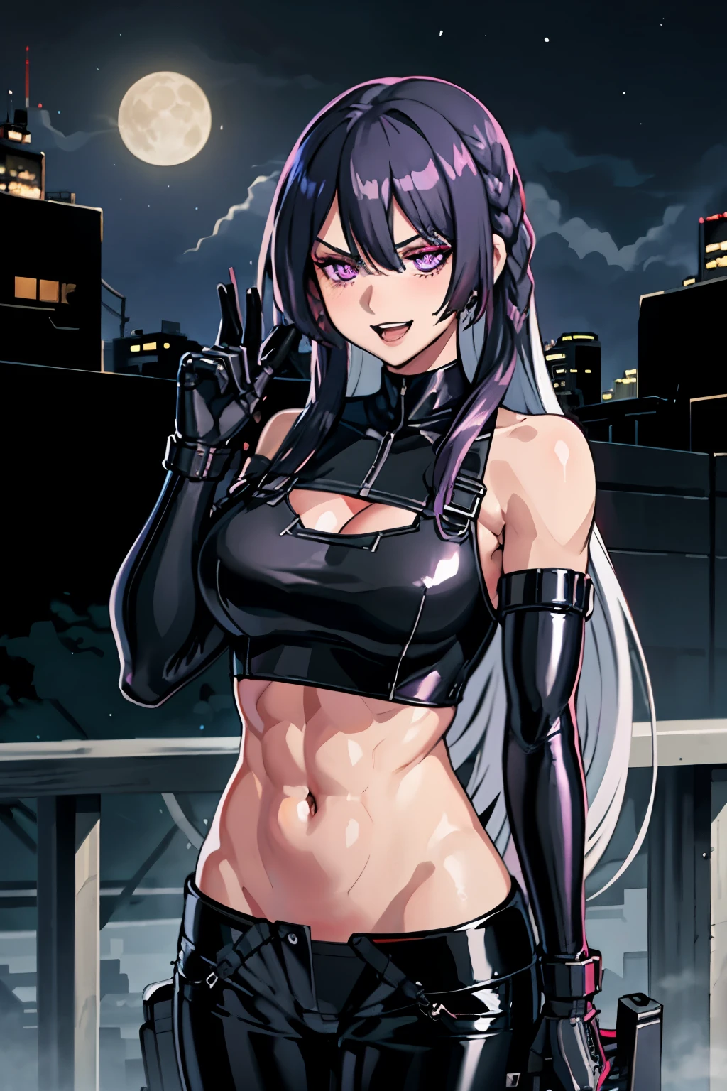 ak15, holding gun, assault rifle, glowing purple eyes, long hair, black hair, blush, lipstick, fur trim, mature female, gloves, fur-trimmed coat, outdoors, rooftop, cityscape, building, railing, night, night sky, scenery, moon, city lights, gloves, masterpiece, best quality, highly detailed, a girls with a gun, evil smile , open mouth, sexy gaze, badass
pose , evil smile, smile, (nsfw) not safe for work, guns blazing, anime girl with long hair, beautiful long
haired girl, navel, evil expression, exposed belly, exposed navel, exposed midriff, exposed lower belly,
long black pants, crop top, cleavage, unbuttoned leather pants ,open fly, low rise black leather pants,
leather jacket, holding a gun, navel piercing
