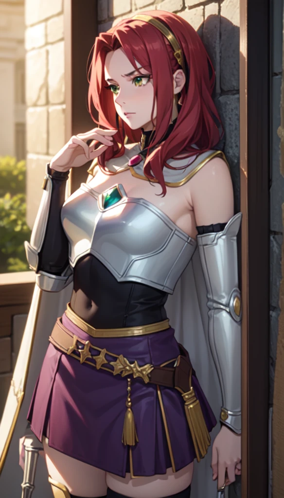 Reality, (4K), Depth of Field, (masterpiece), (Realistic skin texture), Extremely detailed, complex, Ultra Detailed, Professional photography, Bokeh, high resolution, Crisp details, best quality, girl, Long hair, Red hair, Green Eyes, armor, Breastplate, Separate sleeves, White cape, Long skirt, (Purple skirt), Black leather belt, Arm Guard, Hair accessories,  Dynamic poses, Leaning against the wall, annoyed,  