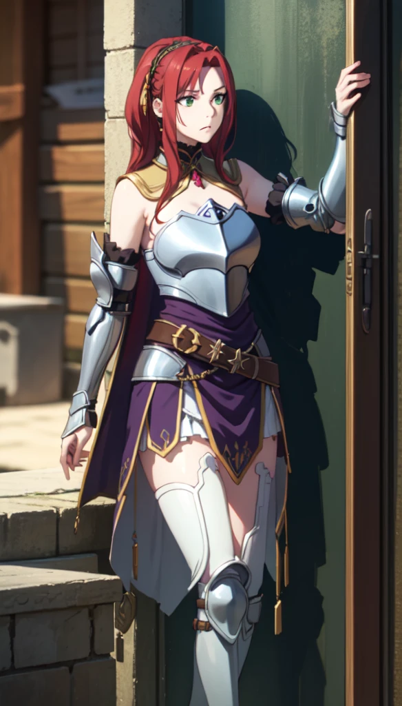 Reality, (4K), Depth of Field, (masterpiece), (Realistic skin texture), Extremely detailed, complex, Ultra Detailed, Professional photography, Bokeh, high resolution, Crisp details, best quality, girl, Long hair, Red hair, Green Eyes, armor, Breastplate, Separate sleeves, White cape, Long skirt, (Purple skirt), Black leather belt, Arm Guard, Hair accessories,  Dynamic poses, Leaning against the wall, annoyed,  