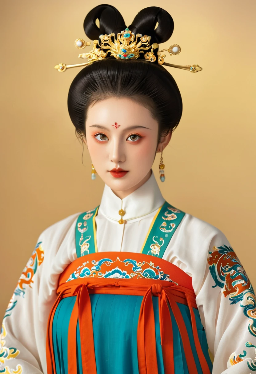 Beautiful girl portrait,symmetry,Round Face,Bright Eyes,Smooth skin,Chinese Tang Dynasty Flag Costume,egotistical,High bun,palace,Clean background